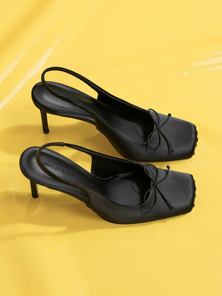 Satin Ruched Stiletto Slingback Pumps, Black Textured, hi-res