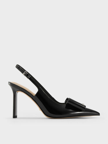 Lu Patent Leather Bow Blade-Heel Slingback Pumps, Black Patent, hi-res