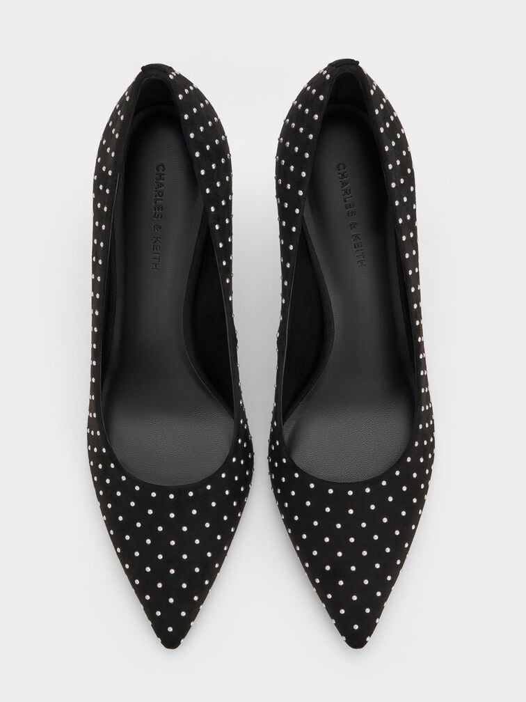 Faux Suede Studded Pointed-Toe Pumps, Black Textured, hi-res