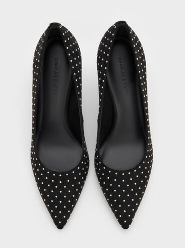 Faux Suede Studded Pointed-Toe Pumps, Black Textured, hi-res