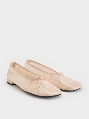 Sequin Mesh & Leather Bow Ballet Flats, Nude, hi-res