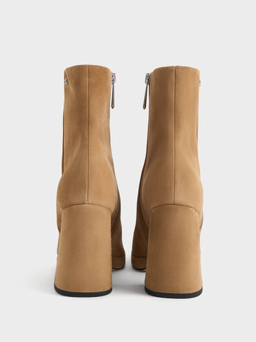 Jyll Suede Sculptural-Heel Ankle Boots, Caramel, hi-res