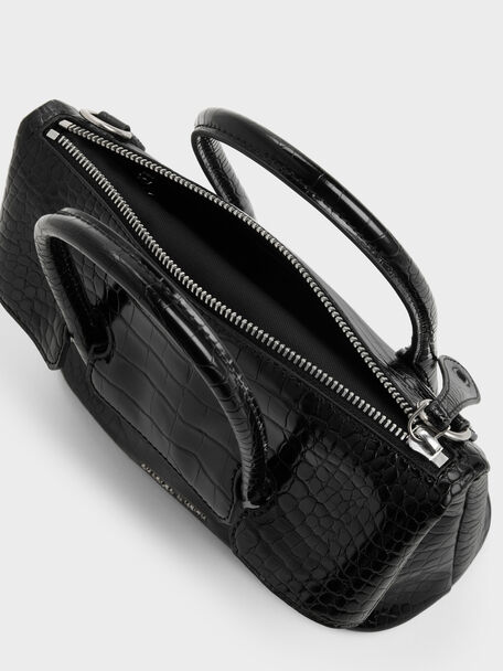 Aveline Croc-Effect Front-Flap Crossbody Bag, Black Croco, hi-res