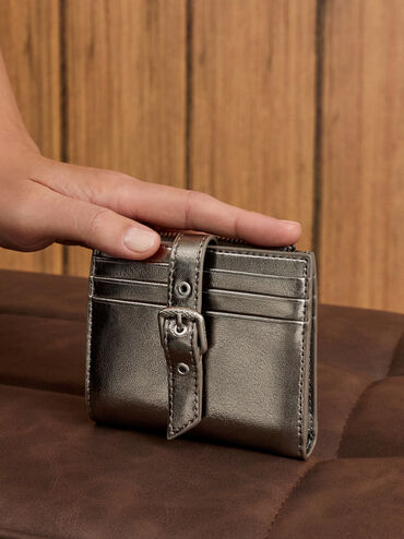 Blaise Metallic Grommet-Belt Top-Zip Small Wallet, Pewter, hi-res
