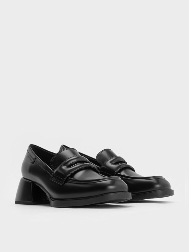 Penny Loafer Trapeze-Heel Pumps, Black Box, hi-res