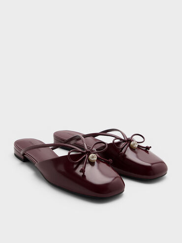 Pearl-Accent Bow Flat Mules, Burgundy, hi-res