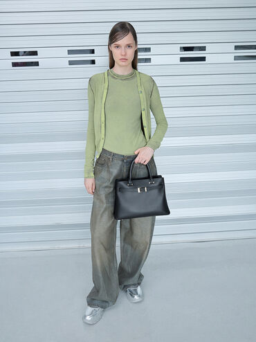 Voyager Leather Belted Trapeze Tote Bag, Black, hi-res