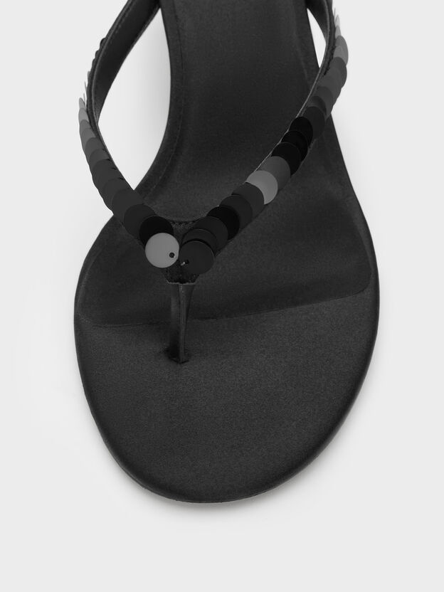 Briella Sequinned Heeled Thong Sandals, Black Textured, hi-res