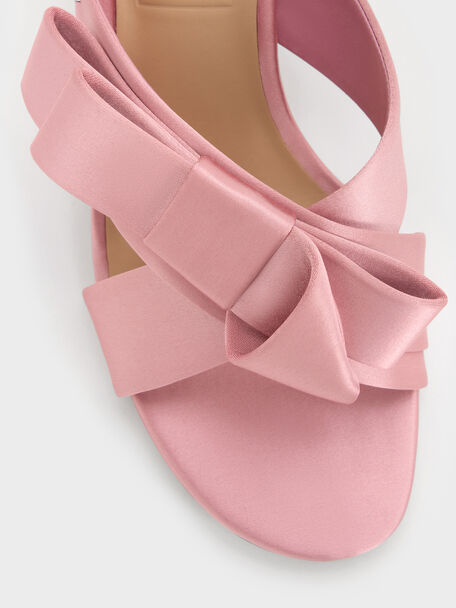 Pleated-Bow Heeled Mules, Pink, hi-res
