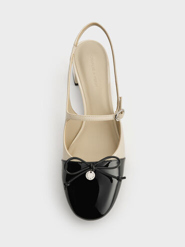 Two-Tone Patent Bow Slingback Pumps, Chalk, hi-res