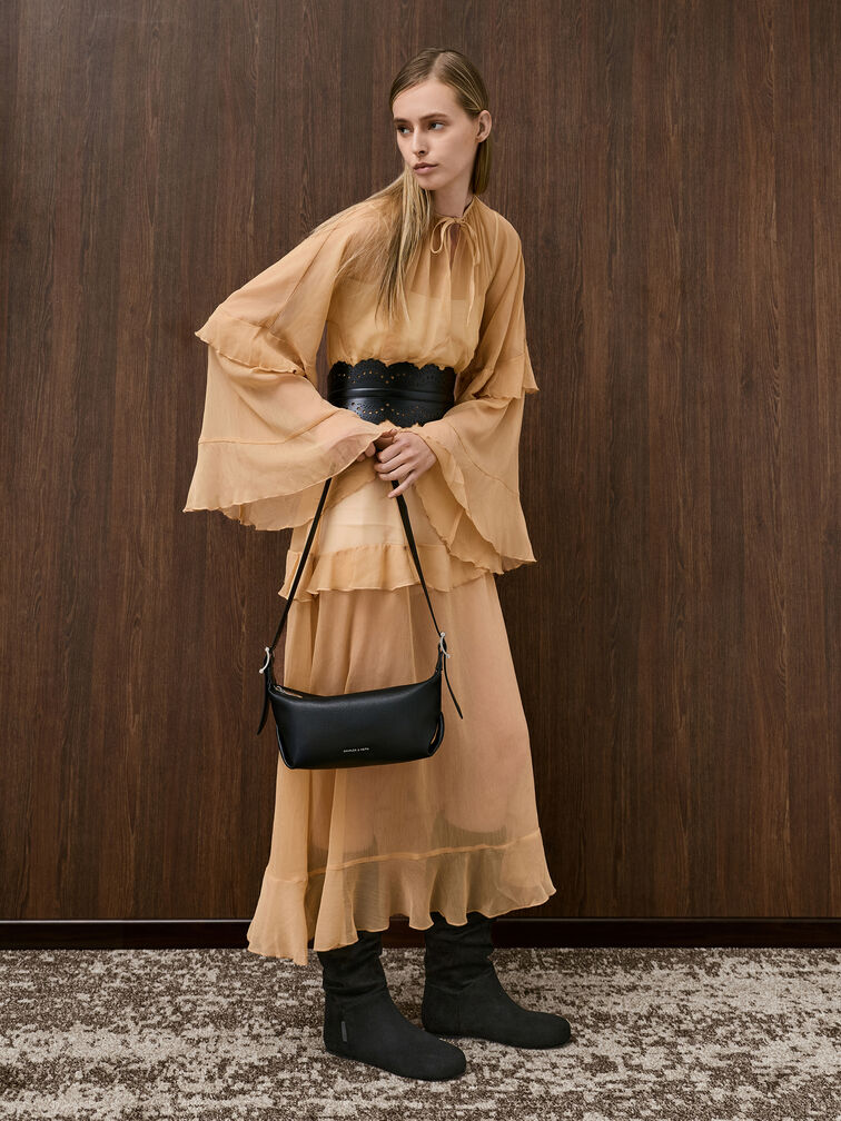 Faux Suede Ruched Knee-High Boots, Black Textured, hi-res