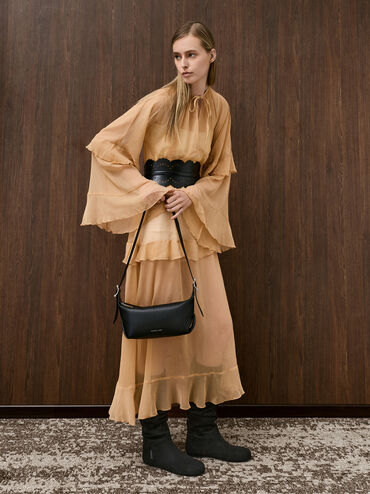 Faux Suede Ruched Knee-High Boots, Black Textured, hi-res