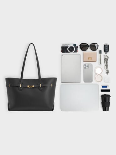 Arlet Double-Handle Belted Tote bag, Black, hi-res