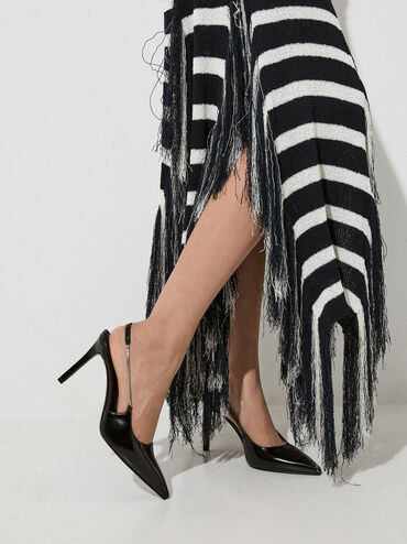 Chain-Strap Pointed-Toe Slingback Pumps, Black Box, hi-res