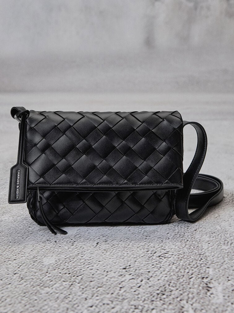 Ivette Woven Front Flap Crossbody Bag, Noir, hi-res