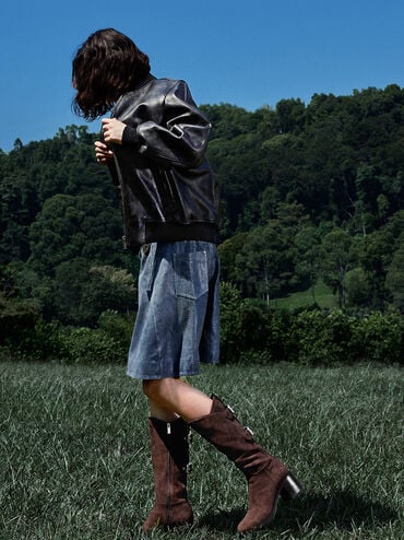 Masei Faux Suede Grommet-Strap Knee-High Boots, Dark Brown, hi-res