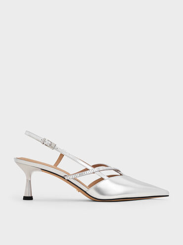 Metallic Leather & Satin Crystal-Embellished Slingback Pumps, Silver, hi-res