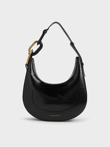 Kora Croc-Effect Metallic-Accent Moon Bag, Black, hi-res