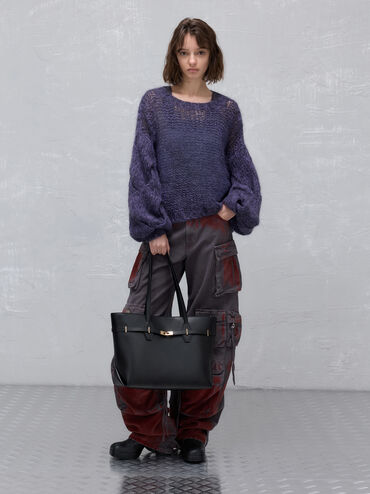 Arlet Double-Handle Belted Tote bag, Black, hi-res