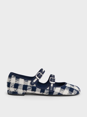 Checkered Double-Strap Mary Jane Flats, Dark Blue, hi-res