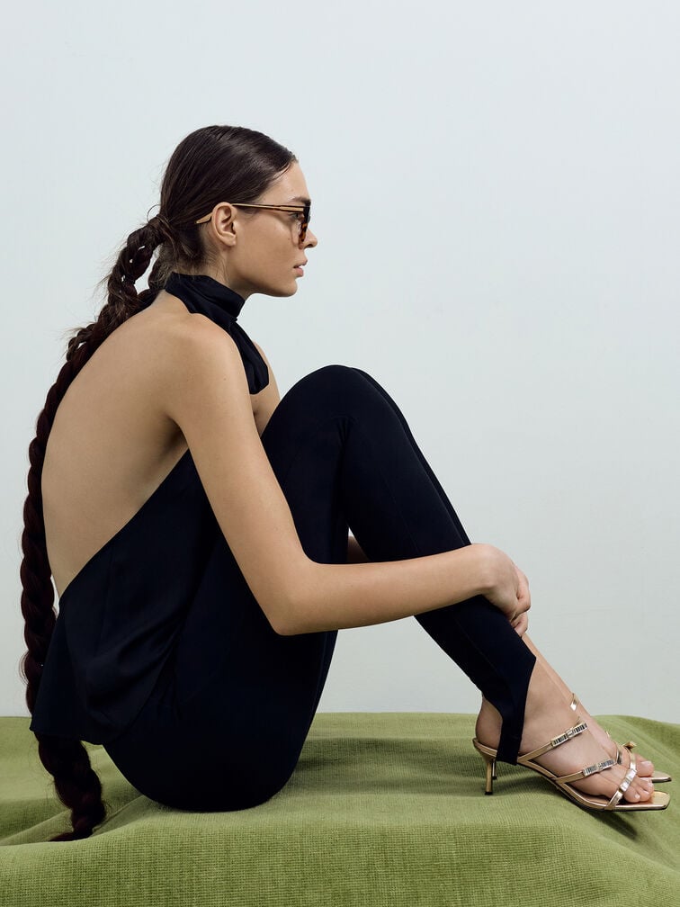 Jessy Leather Gem-Bow Heeled Sandals, Gold, hi-res