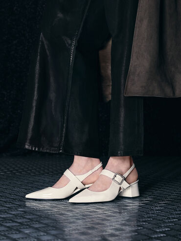 Patent Crystal-Buckle Block-Heel Slingback Pumps, Chalk, hi-res