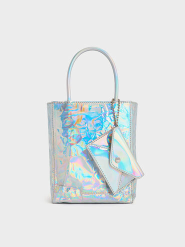 Matina Holographic Crinkle-Effect Elongated Tote Bag, Prism Silver, hi-res