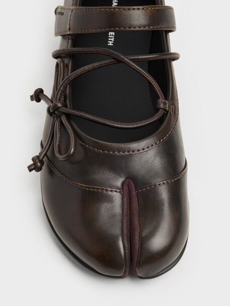 Aether Lace-Up Split-Toe Mary Jane Flats, Brown, hi-res