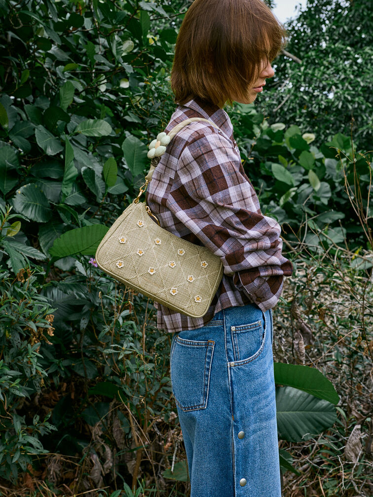 Philomena Raffia Flower Crossbody Bag, Pale Olive, hi-res