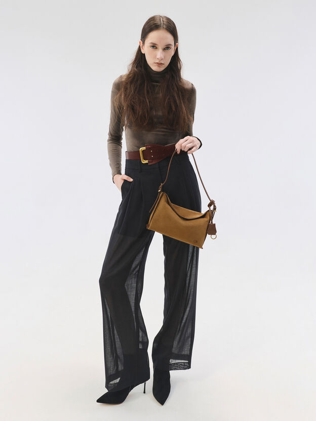 Leather & Suede Top-Flap Hobo Bag, Brown, hi-res