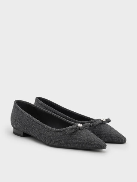 Felt Bow Pointed Ballet Flats, Dark Grey, hi-res