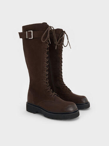 Darian Faux Suede Lace-Up Buckle-Strap Knee-High Boots, Dark Brown Textured, hi-res