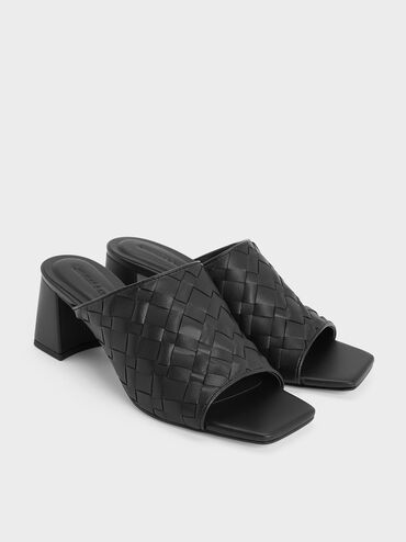 Ivette Woven Square-Toe Heeled Mules, Black, hi-res