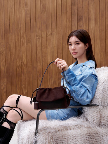 Khai Recycled Suede Ruched-Flap Side-Pocket Top Handle Bag, Espresso Brown, hi-res
