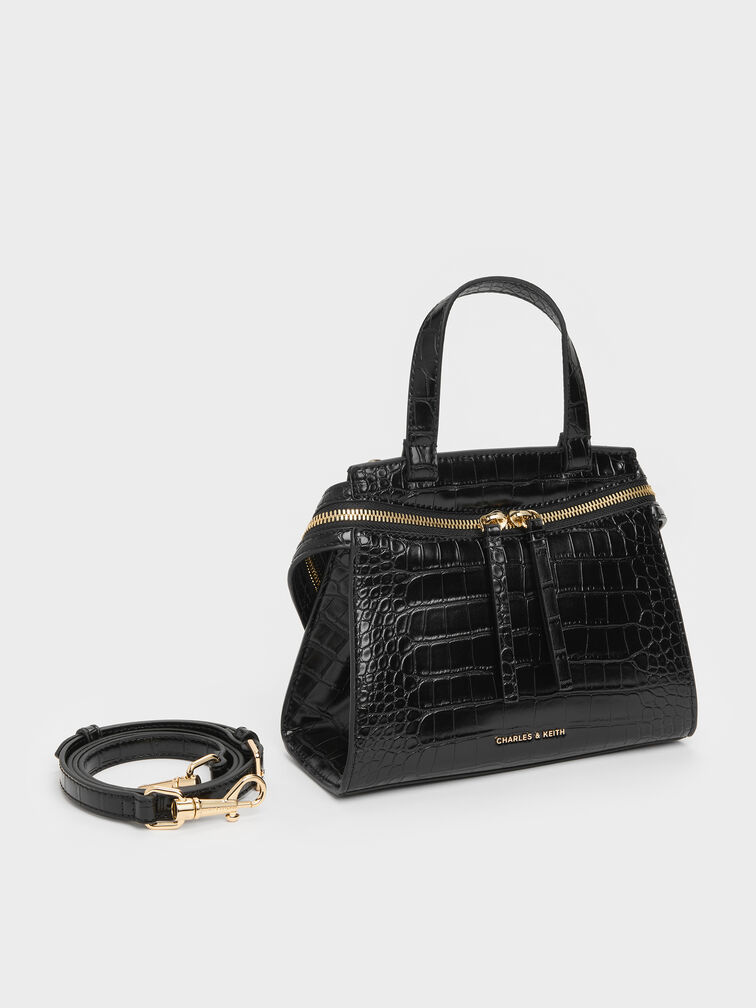 Pansy Trapeze Croc-Effect Top Handle Bag, Black, hi-res