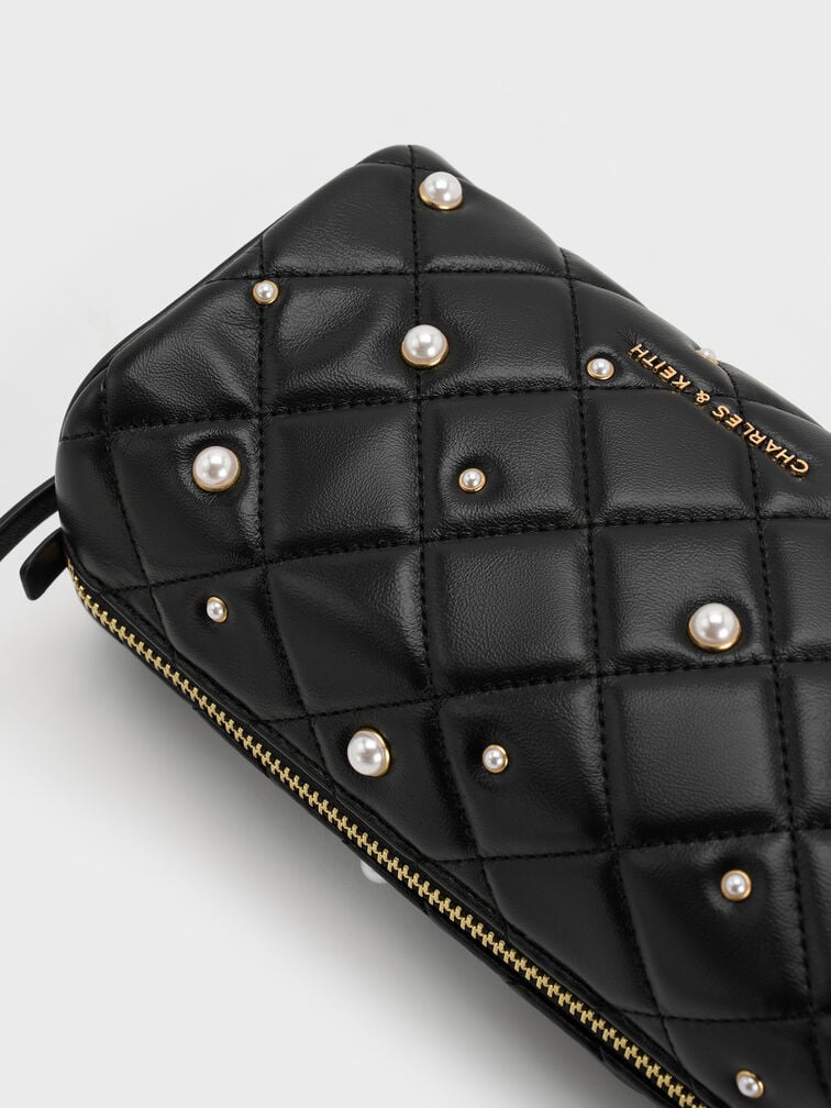 Janie Pearl-Embellished Quilted Shoulder Bag, Black, hi-res