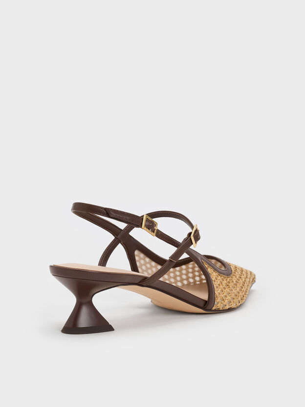 Raffia Sculptural-Heel Slingback Pumps, Dark Brown Textured, hi-res