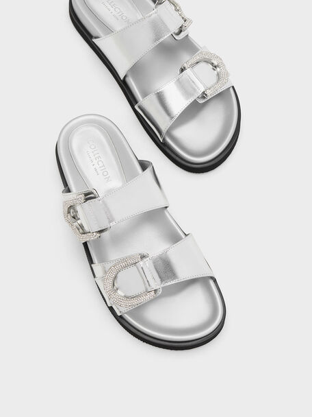 Gabine Crystal-Embellished Buckle Metallic Leather Slides, Silver, hi-res