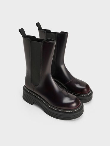 Stitch-Trim Platform Mid-Calf Chelsea Boots, Burgundy, hi-res
