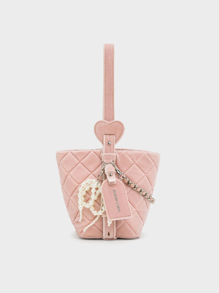 Duo Velvet Quilted Chain Bucket Bag, Pink, hi-res