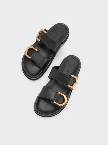 Gabine Gold-Buckle Leather Slides, Black, hi-res