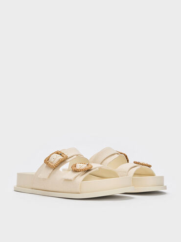 Woven-Buckle Double-Strap Sandals, Chalk, hi-res