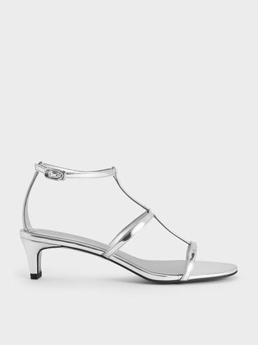 Metallic T-Bar Kitten-Heel Ankle-Strap Sandals, Silver, hi-res