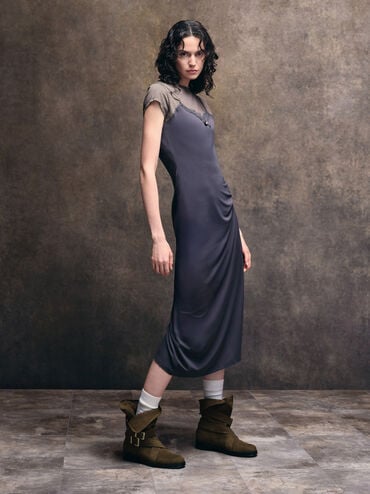 Brett Faux Suede Buckle-Strap Calf Boots, Dark Brown Textured, hi-res