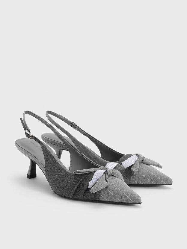 Striped Knot-Bow Pointed Slingback Pumps, Grey, hi-res