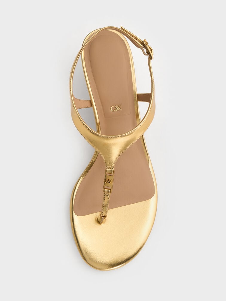 Metallic Leather Thong Kitten Heels, Gold, hi-res