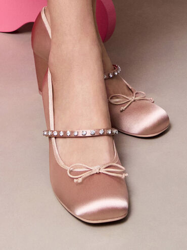 Satin Gem-Embellished Bow Mary Jane Pumps, Nude, hi-res