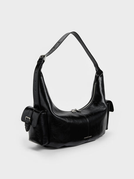 Large Bessie Side-Pocket Hobo Bag, Noir, hi-res