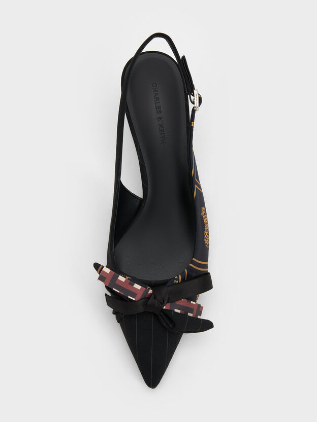 Satin Printed-Bow Pointed Slingback Pumps, Black Textured, hi-res