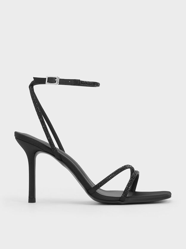 Satin Crystal Stiletto Sandals, Black Textured, hi-res